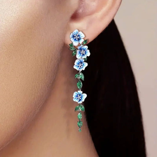 Glossy Blue Floral Dangling Earrings with Cubic Zirconia – Elegant Spring-Inspired Jewelry 1