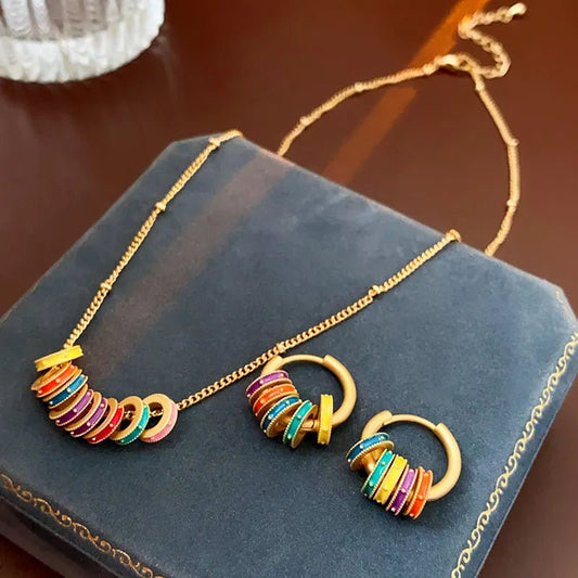 Women's Jewelry Set Gold Colorful Circles Necklace and Earrings for Women - 2