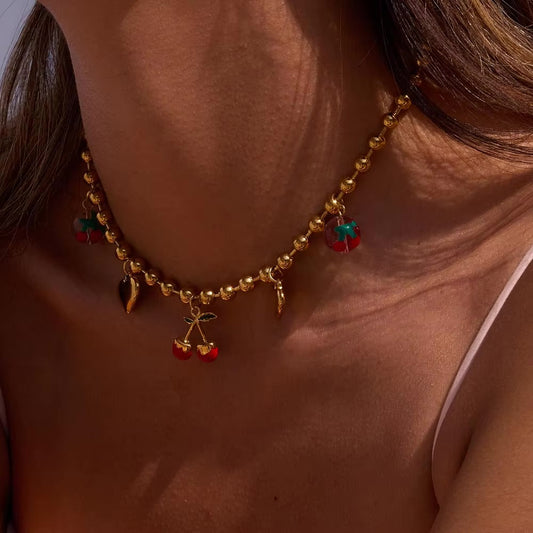 Gold Cherry Heart Necklace for Women – Waterproof, Hypoallergenic, Adjustable 16-Inch Chain with 2-Inch Extension 1