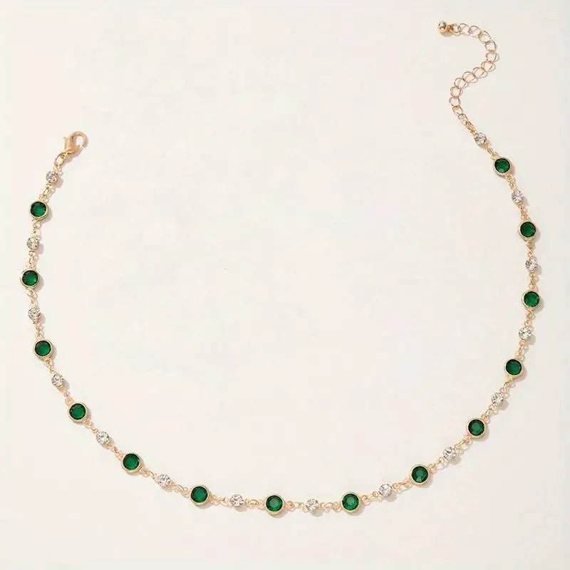 Gold Choker Necklace with Emerald and Diamond Accents – Dainty Stainless Steel Design with Extender