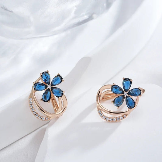Gold Floral Earrings for Women with Blue Zircon Crystals – Elegant Five-Petal Design 1