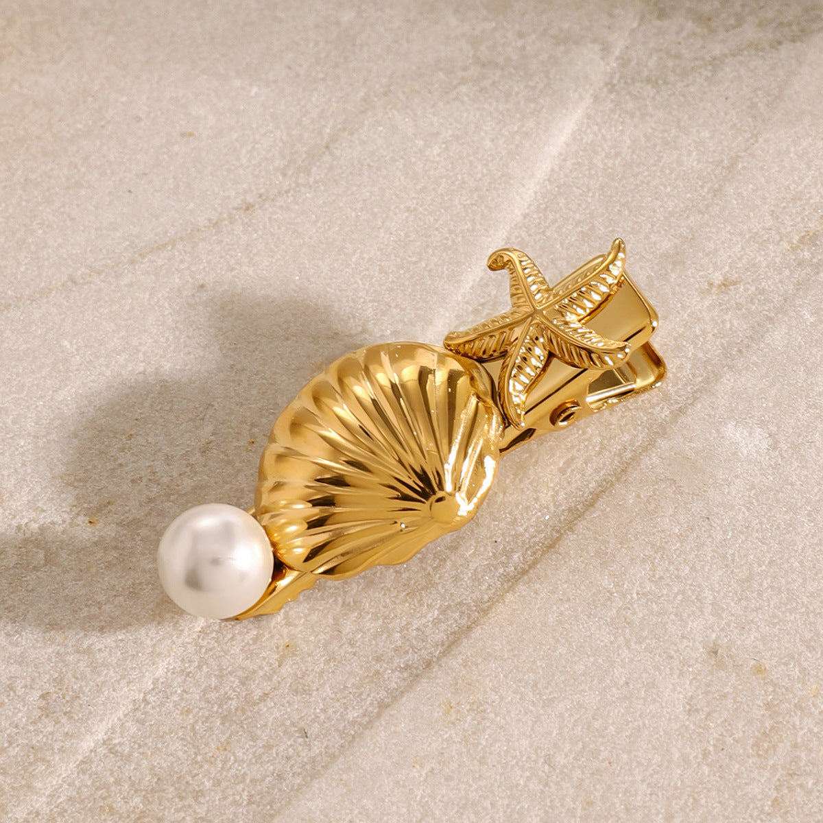 Gold Hair Clip with Freshwater Pearl and Seashell Design – Hypoallergenic, Waterproof, Ocean-Inspired Women's Hair Accessory 3