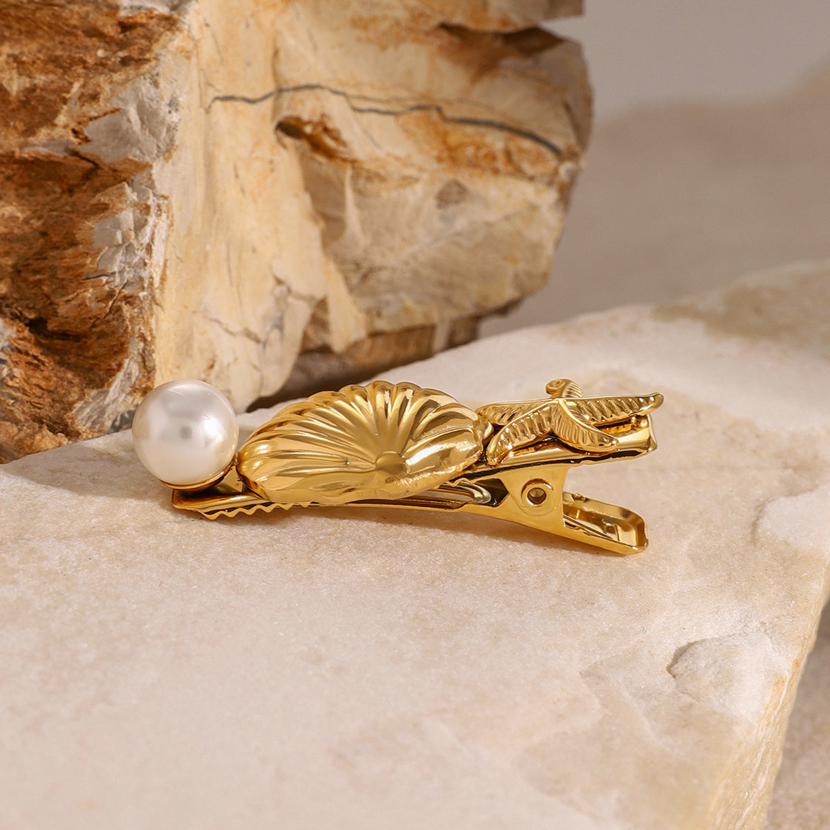 Gold Hair Clip with Freshwater Pearl and Seashell Design – Hypoallergenic, Waterproof, Ocean-Inspired Women's Hair Accessory 6