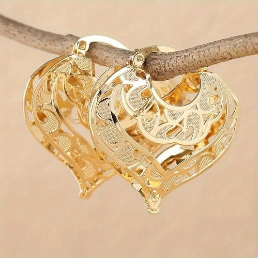Gold Heart Earrings for Women – Intricate Open Design, Lightweight and Elegant Carvings 1