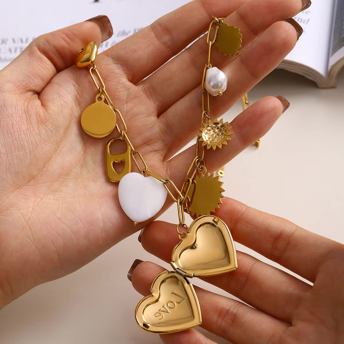Gold Heart Locket Necklace with Freshwater Pearls on Paperclip Chain – Hypoallergenic and Waterproof Jewelry for Women 3