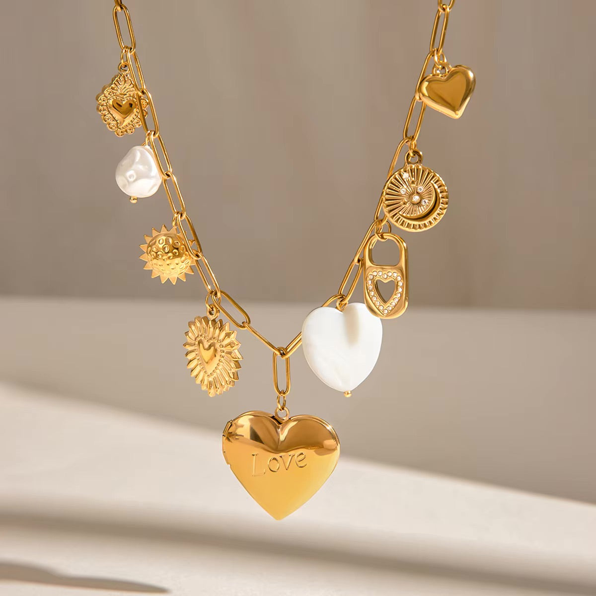 Gold Heart Locket Necklace with Freshwater Pearls on Paperclip Chain – Hypoallergenic and Waterproof Jewelry for Women 4