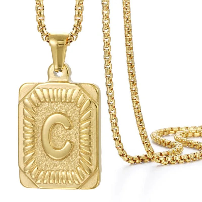 Gold Initial Necklace with Textured Rectangle Pendant – Personalized Stainless Steel Jewelry for Women