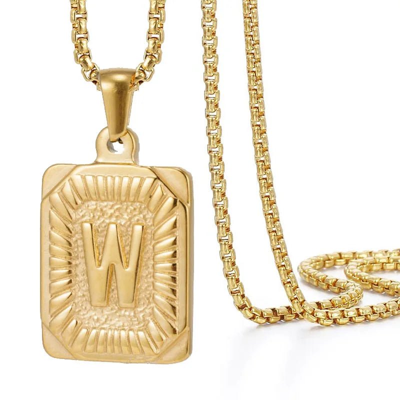Gold Initial Necklace with Textured Rectangle Pendant – Personalized Stainless Steel Jewelry for Women