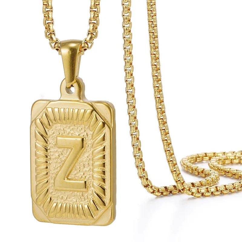 Gold Initial Necklace with Textured Rectangle Pendant – Personalized Stainless Steel Jewelry for Women