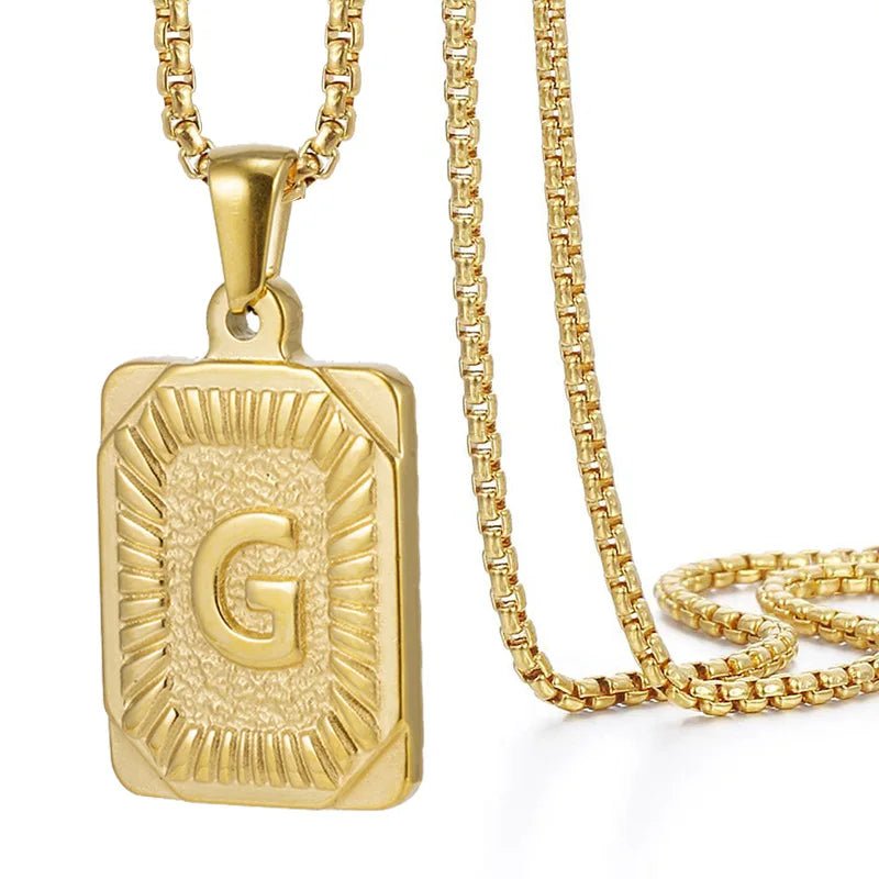 Gold Initial Necklace with Textured Rectangle Pendant – Personalized Stainless Steel Jewelry for Women