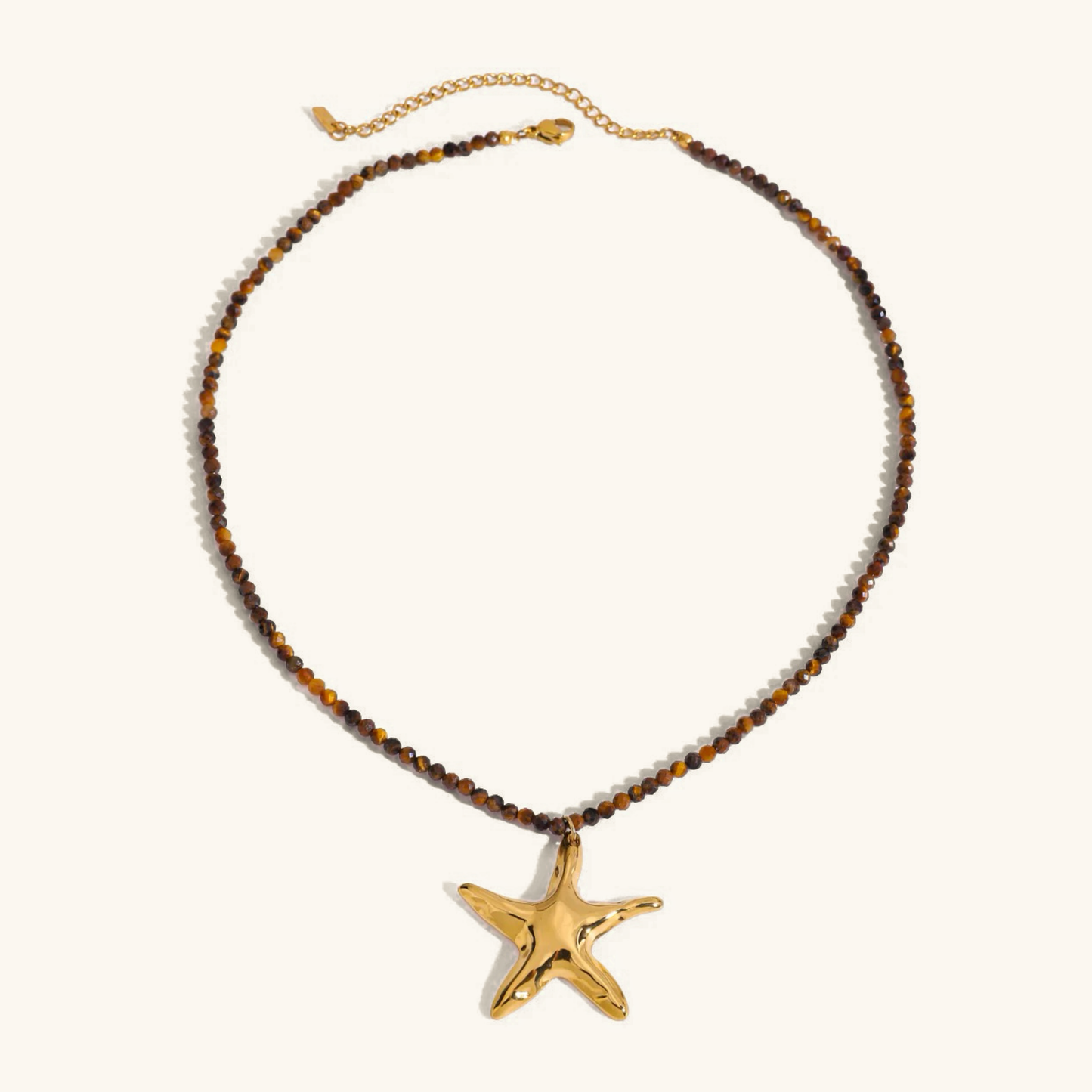 Gold Starfish Pendant Necklace with Earthy Beads – Waterproof, Hypoallergenic Jewelry for Women, 16-Inch Adjustable Length 0