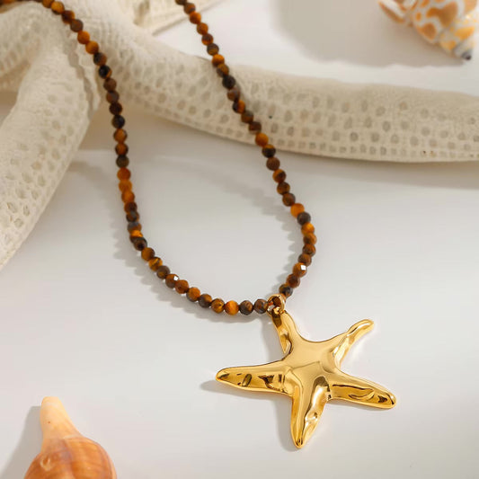 Gold Starfish Pendant Necklace with Earthy Beads – Waterproof, Hypoallergenic Jewelry for Women, 16-Inch Adjustable Length 1