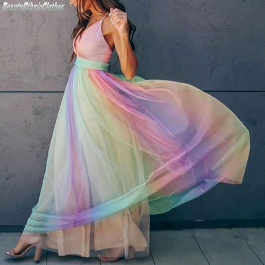 Women's Halter Dress Rainbow Gradient Spaghetti Strap Polyester-2