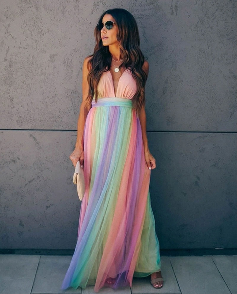 Women's Halter Dress Rainbow Gradient Spaghetti Strap Polyester-6