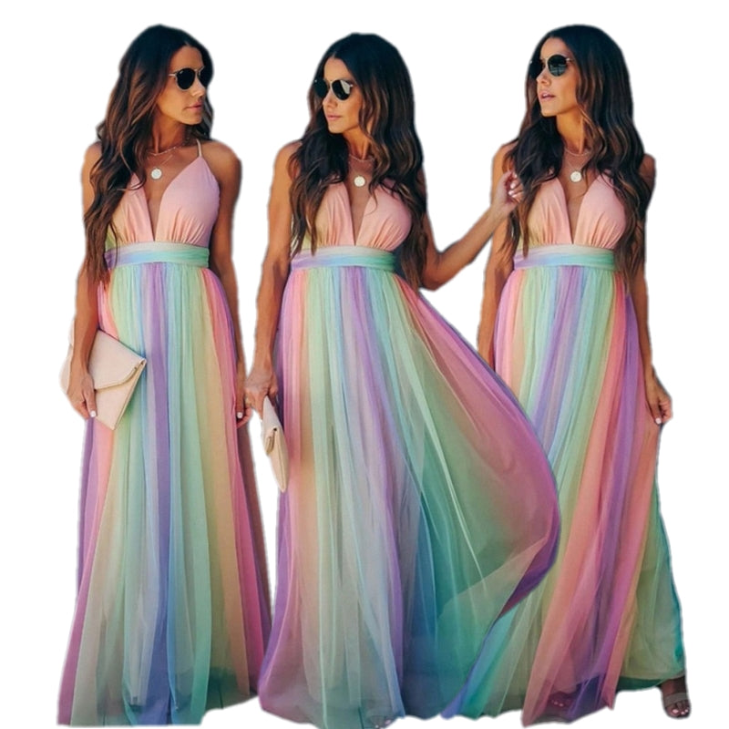 Women's Halter Dress Rainbow Gradient Spaghetti Strap Polyester-3