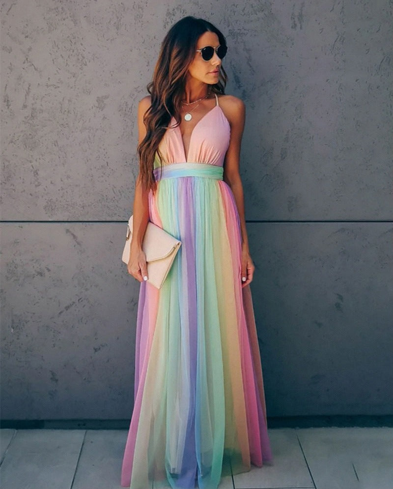Women's Halter Dress Rainbow Gradient Spaghetti Strap Polyester-4