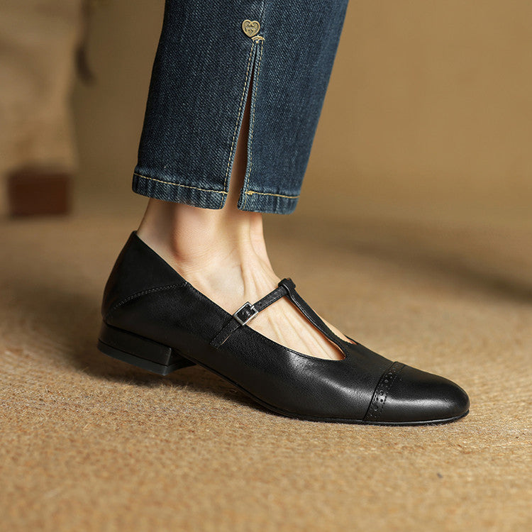 Women's Genuine Leather T-Strap Brogue Flats - side view | Hensley London