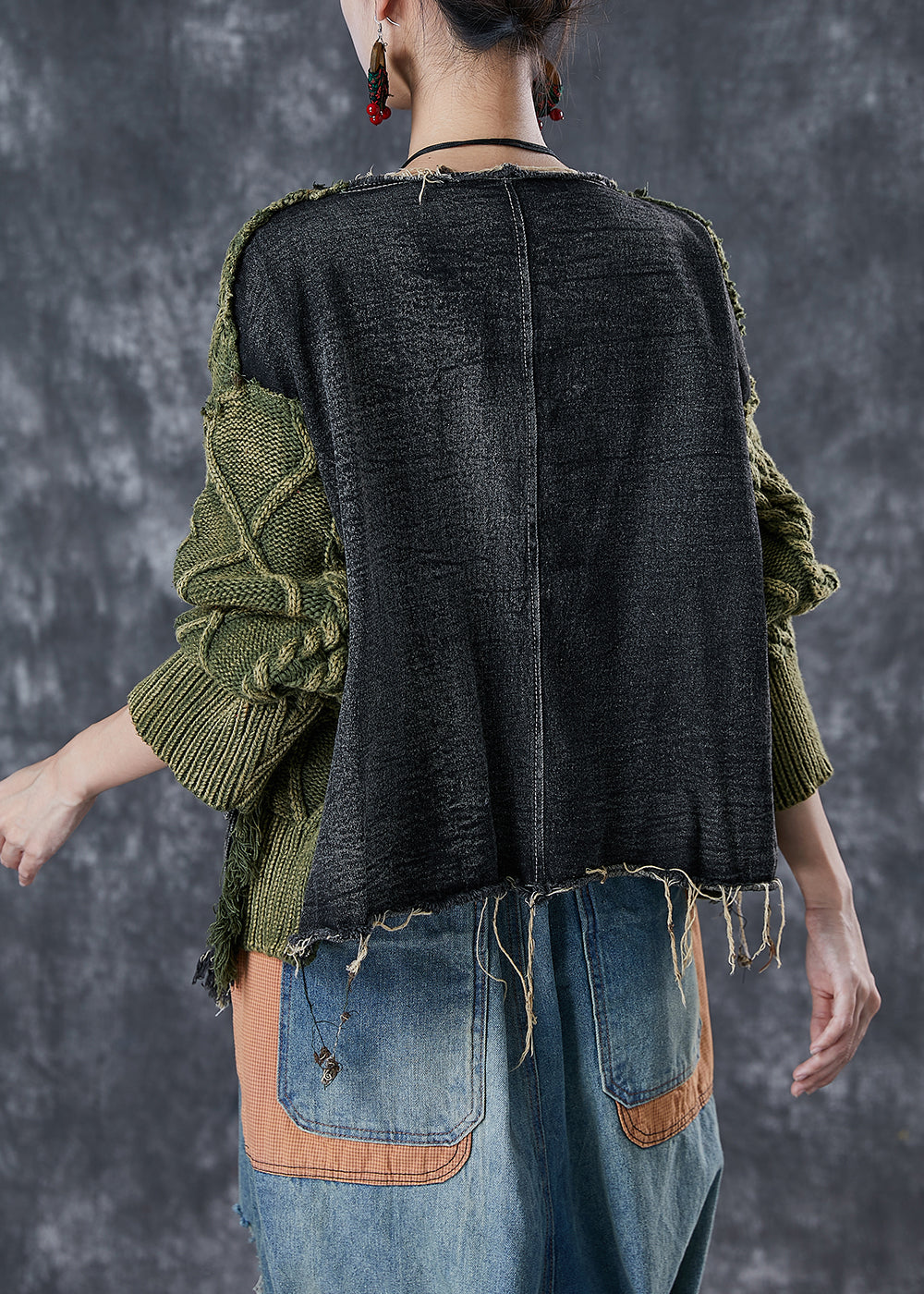 Women's Sweater Green Knit Denim Ripped Asymmetrical - 4