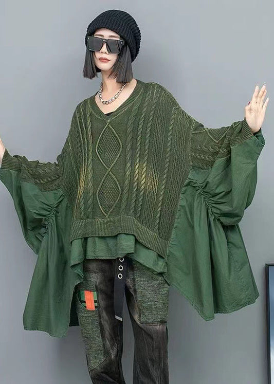 Women's Pullover Sweater Green Knit V-Neck Ruffled Batwing Sleeve - 1
