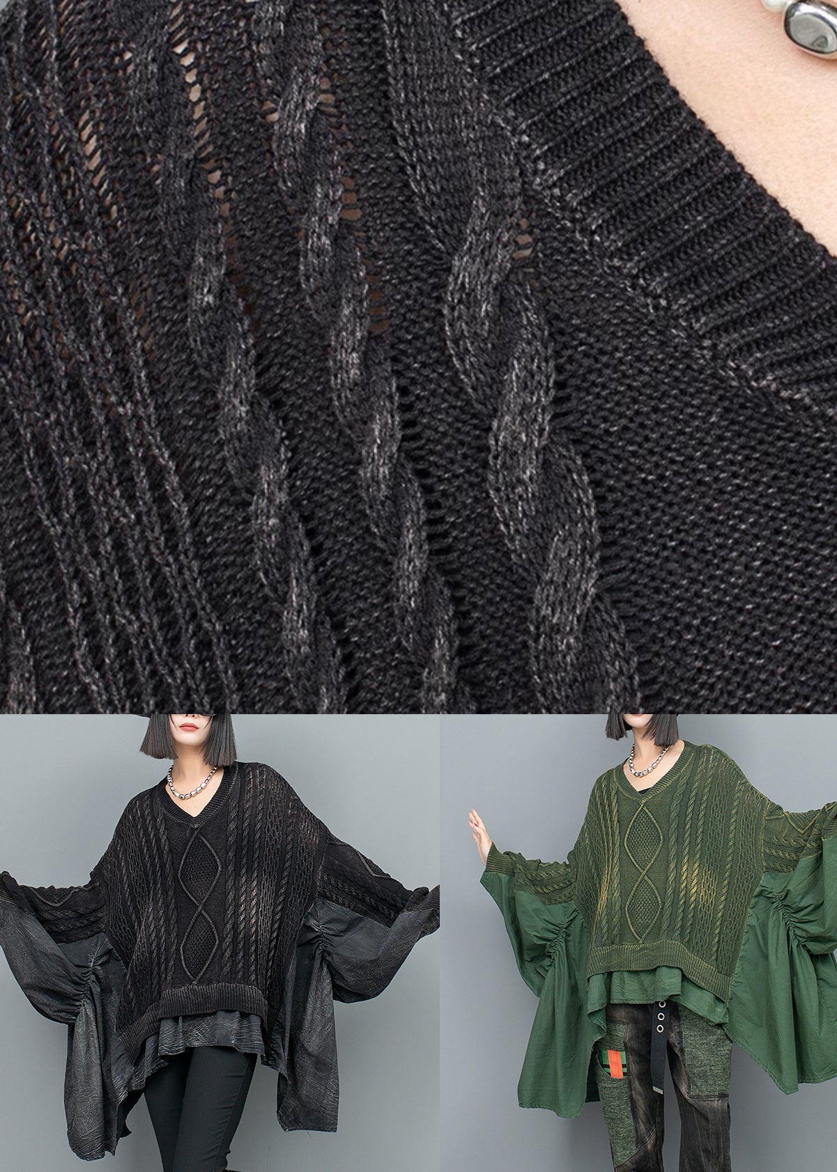 Women's Pullover Sweater Green Knit V-Neck Ruffled Batwing Sleeve - 5