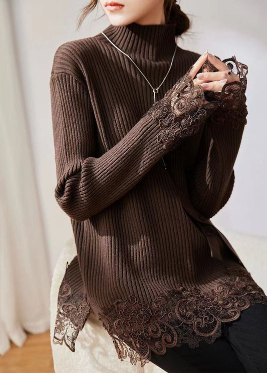 Women's Sweater Coffee Turtleneck Cotton Knit - 1