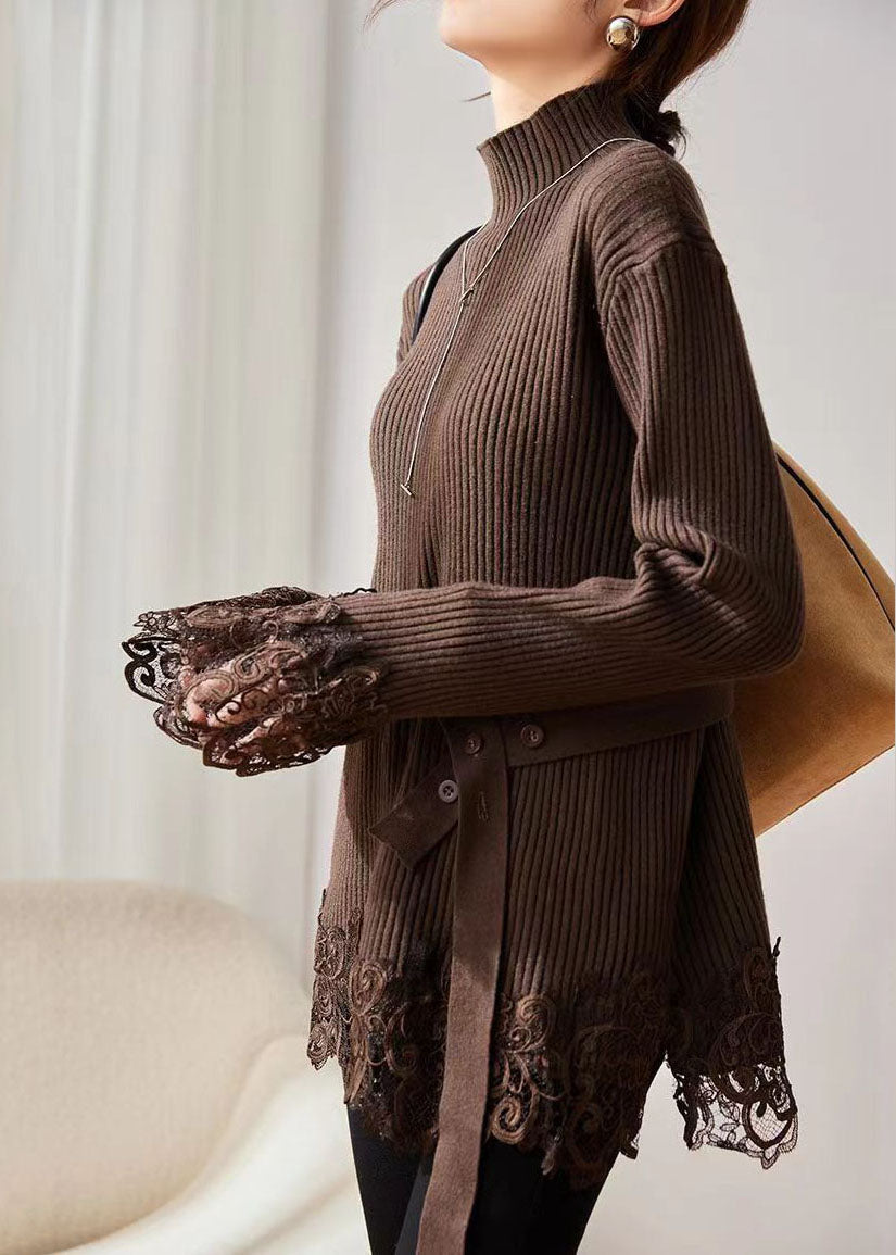 Women's Sweater Coffee Turtleneck Cotton Knit - 3