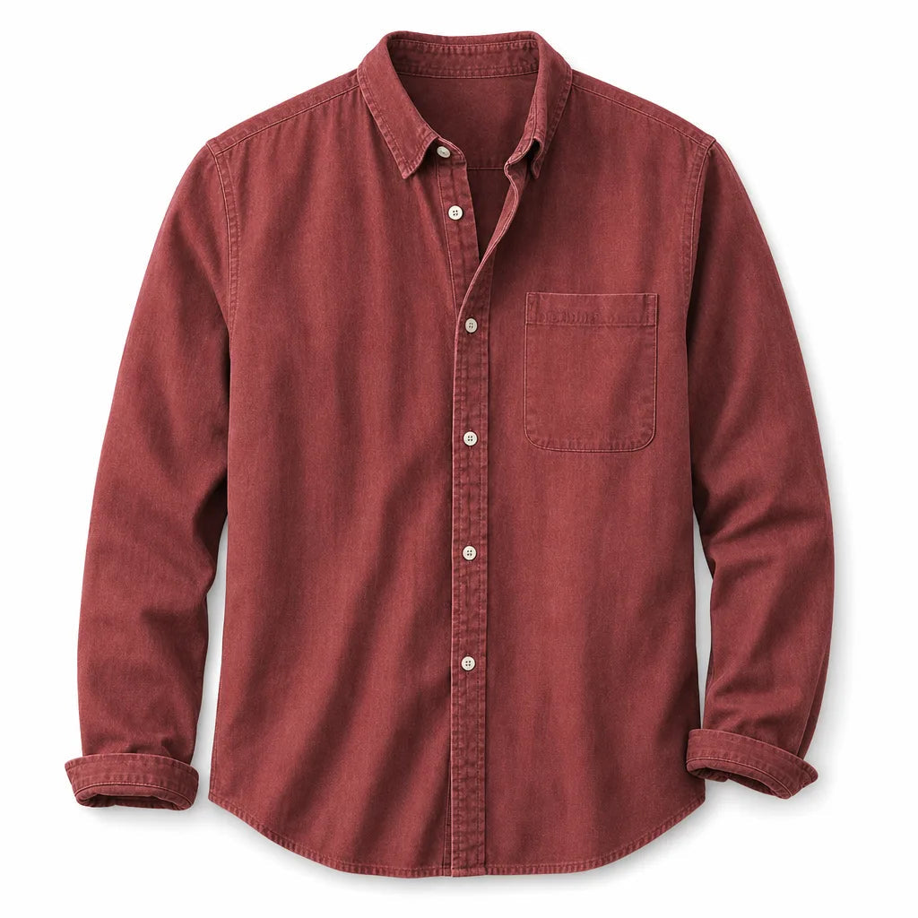 Men's Brushed Cotton Button-Up Shirt in Red – front view | Hensley London