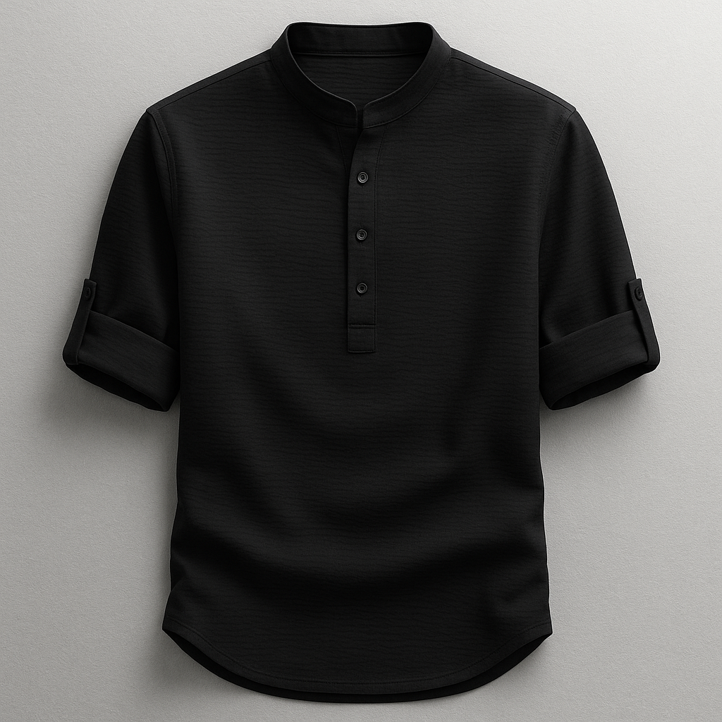Men's Cotton Henley Shirt in Black – front view | Hensley London