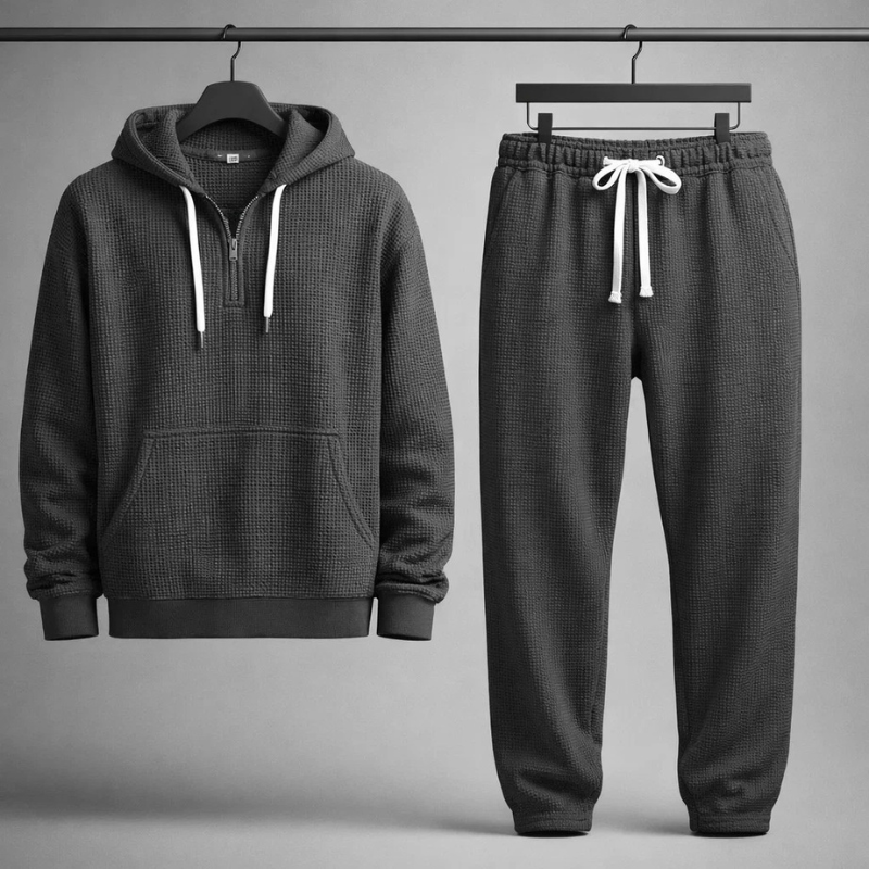 Men's Waffle-Knit Quarter-Zip Lounge Set – drawcord pants detail | Hensley London