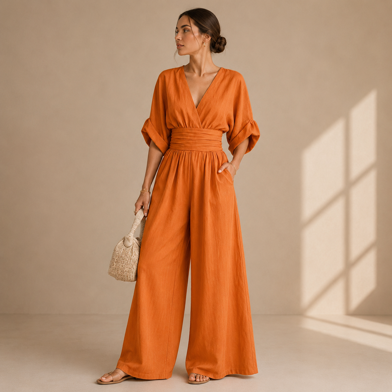 Women's Wrap V-Neck Wide-Leg Jumpsuit – detail view | Hensley London
