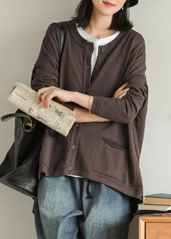 Women's Cardigan Chocolate Cotton Blend Loose Knit - 1