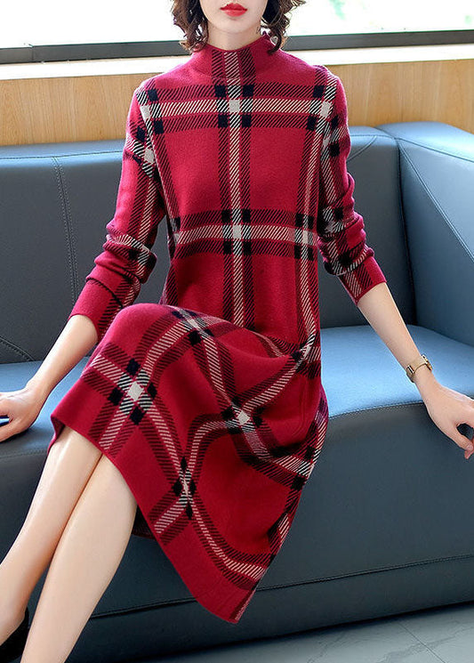 Women's Sweater Dress Red Knit Long Sleeve - 1