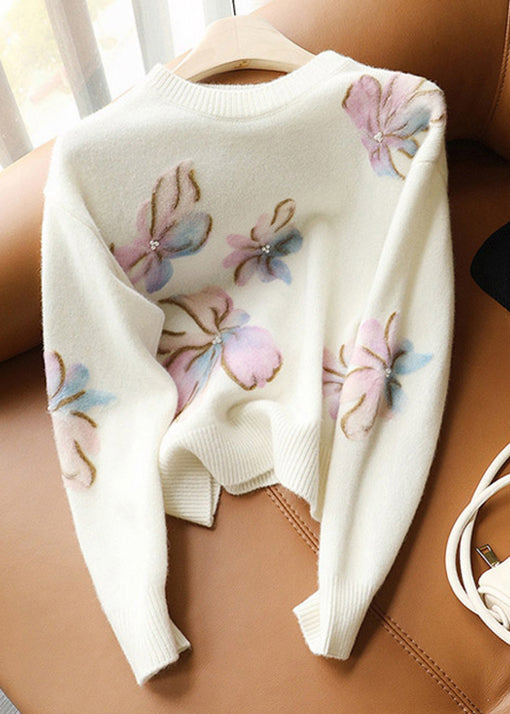 Women's Sweater White O Neck Pearl Patchwork - 1