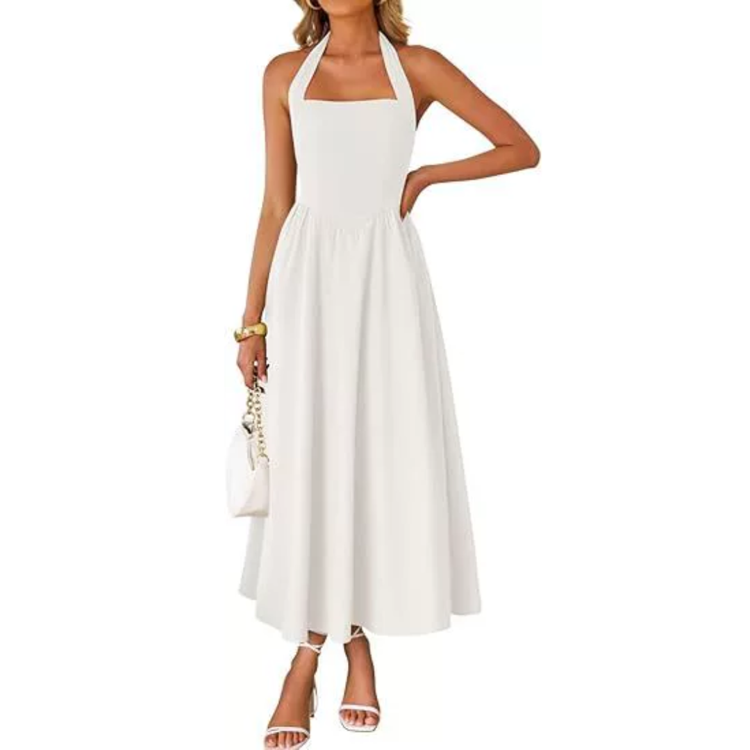 Women's Sleeveless Halter Ruched A-Line Dress in Off White – front view | Hensley London