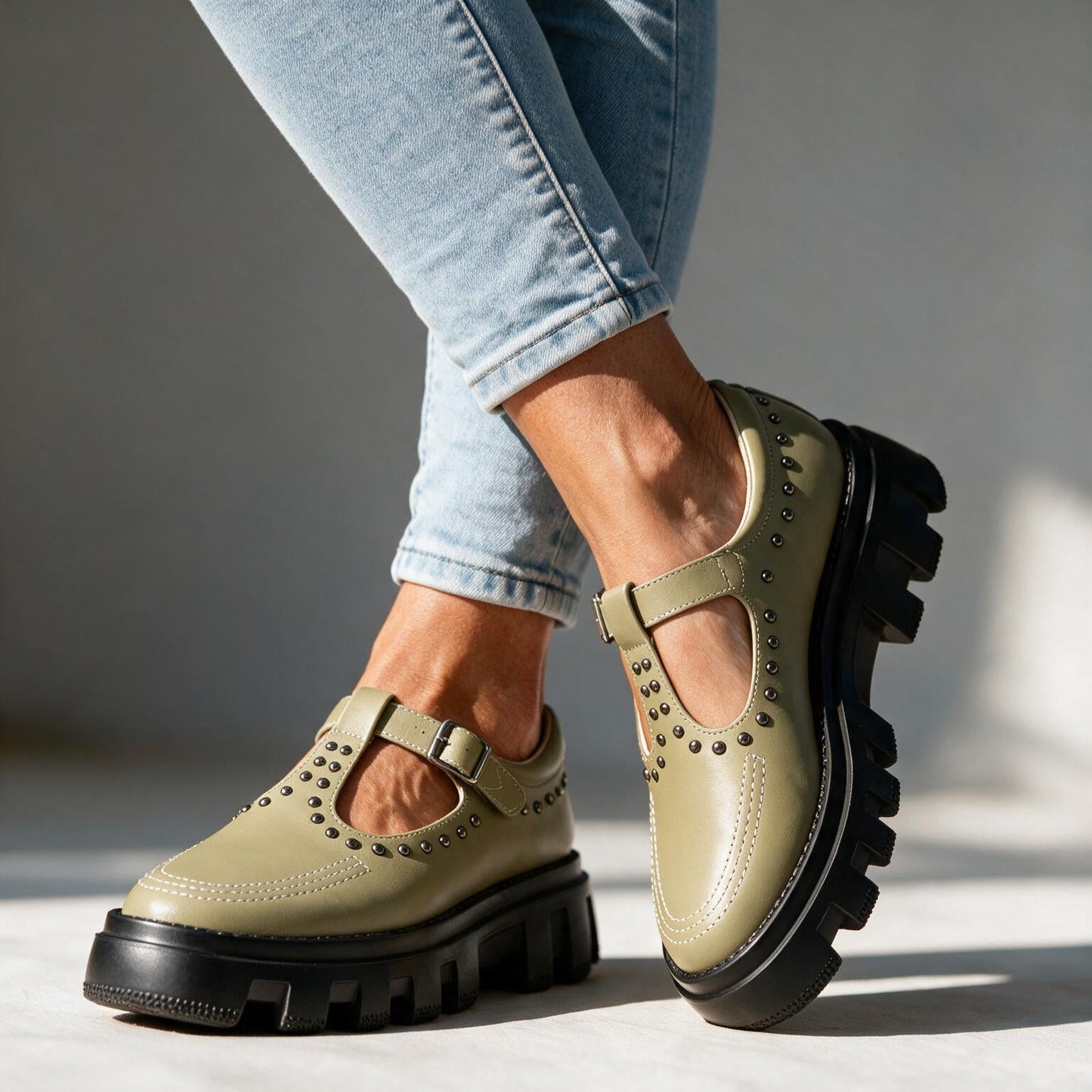 Women's Studded Leather Buckle Loafers – angle view | Hensley London