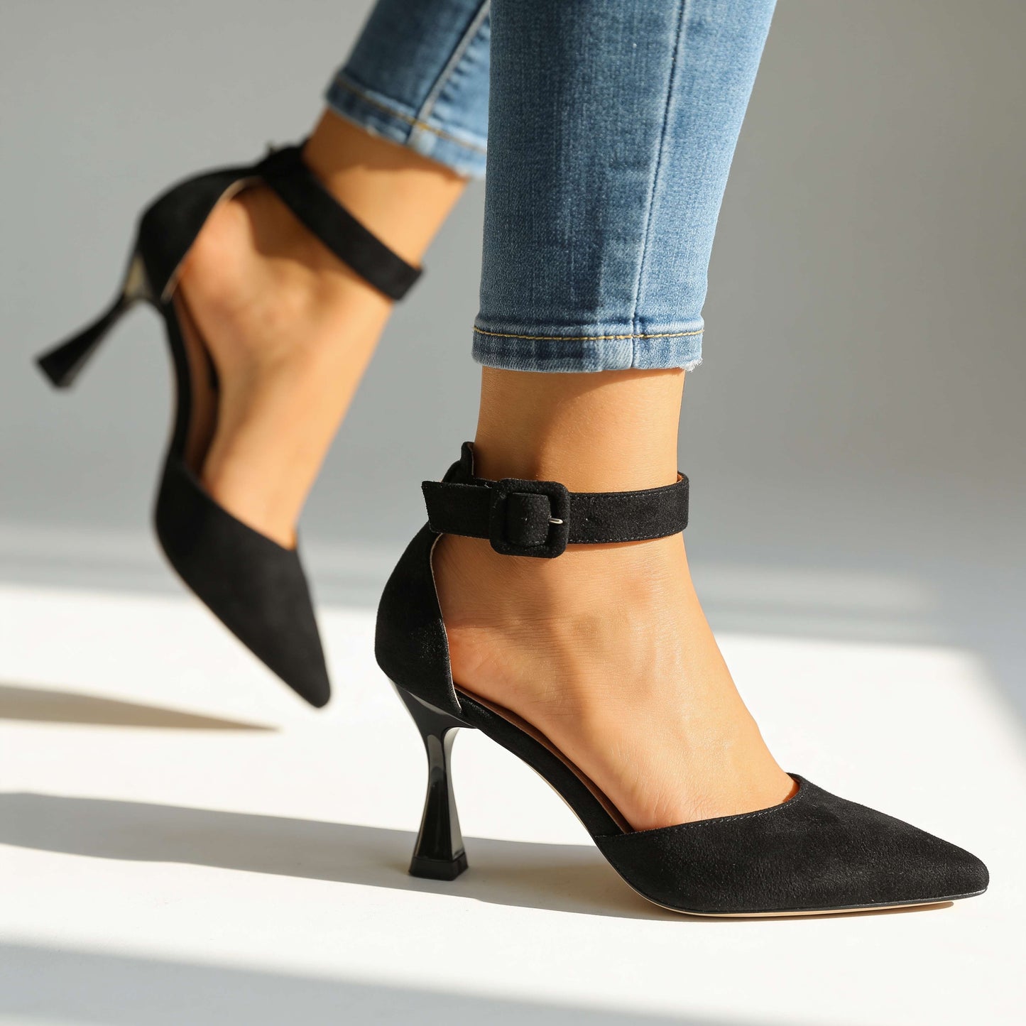 Women's Buckle-Strap Block Heels in Black – side view | Hensley London