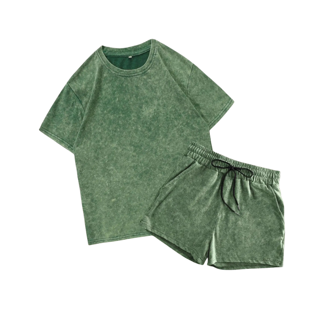Women's Relaxed Print Athletic Two-Piece Set in Green – front view | Hensley London