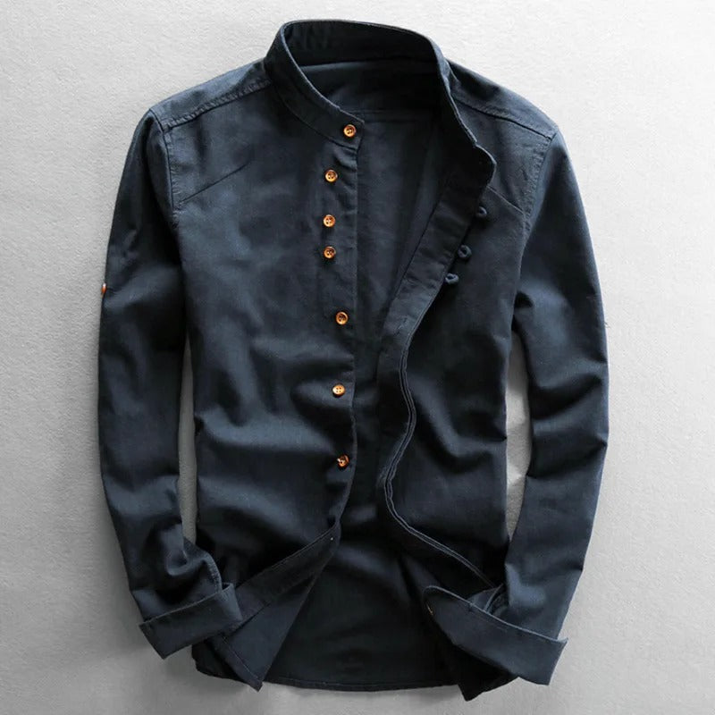 Men's Cotton Band-Collar Shirt – styled view | Hensley London