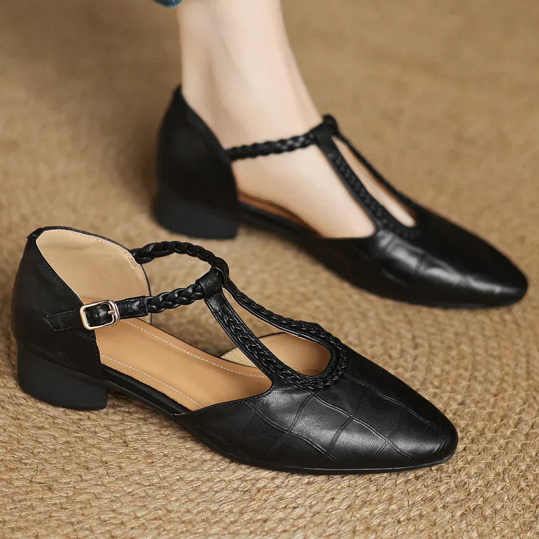 Women's Leather T-Strap Mary Jane Flats in Black – sole detail | Hensley London