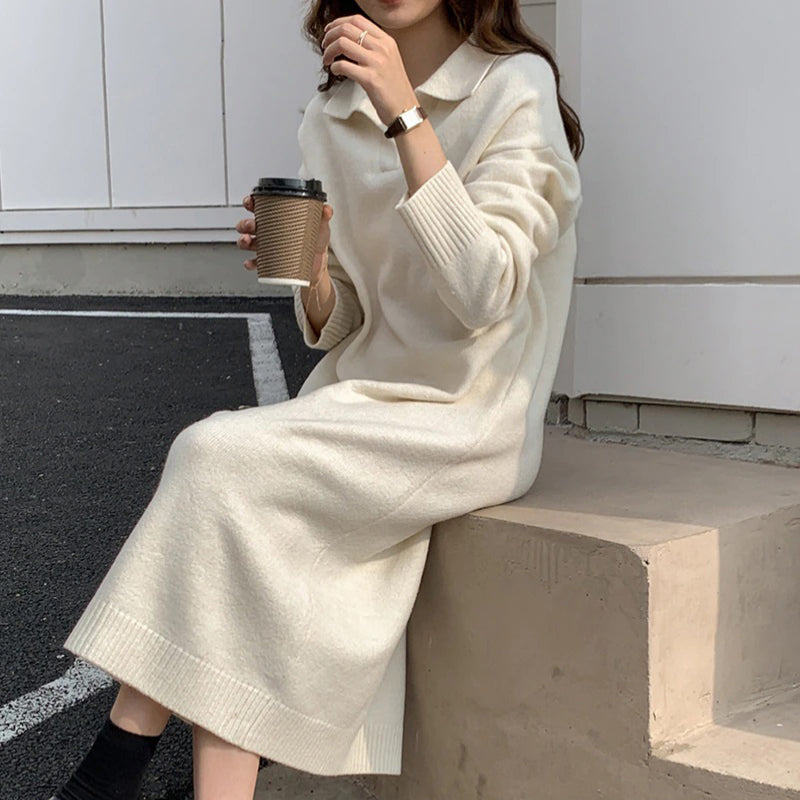 Knitted Thick and Warm Full Sleeve Loose Sweater Dresses 1