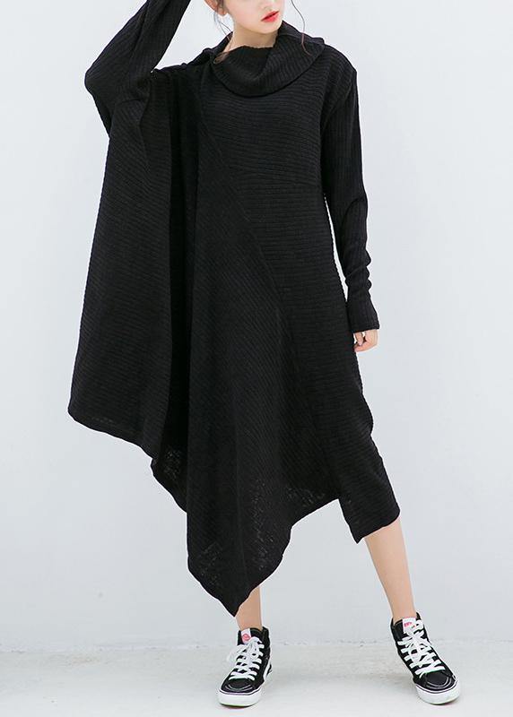 Women's Sweater Dress Black Asymmetric High Neck Knit Cotton Blend - 1