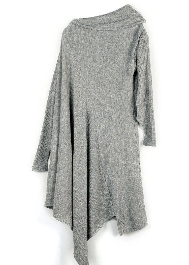 Women's Sweater Dress Black Asymmetric High Neck Knit Cotton Blend - 4