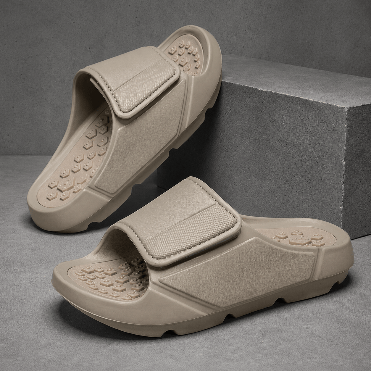 Men's Cushioned Massaging Recovery Slides – styled view | Hensley London