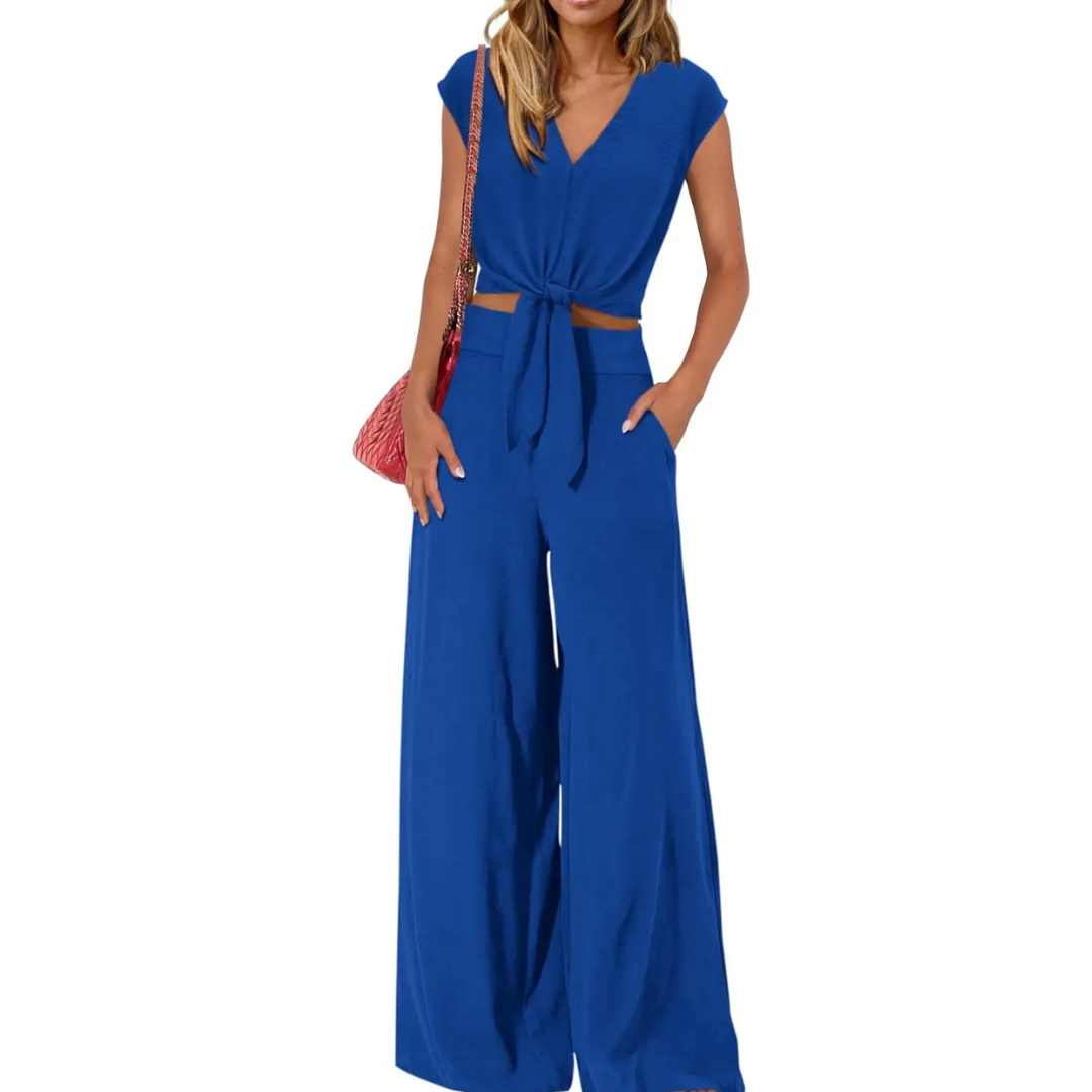 Women's Breezy V-Neck Crop Top & Wide-Leg Pants Set in Blue – front view | Hensley London