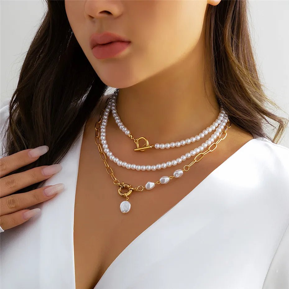 Layered Pearl Necklace Set for Women – Adjustable Lengths, Elegant Beaded Design, Stainless Steel Accents
