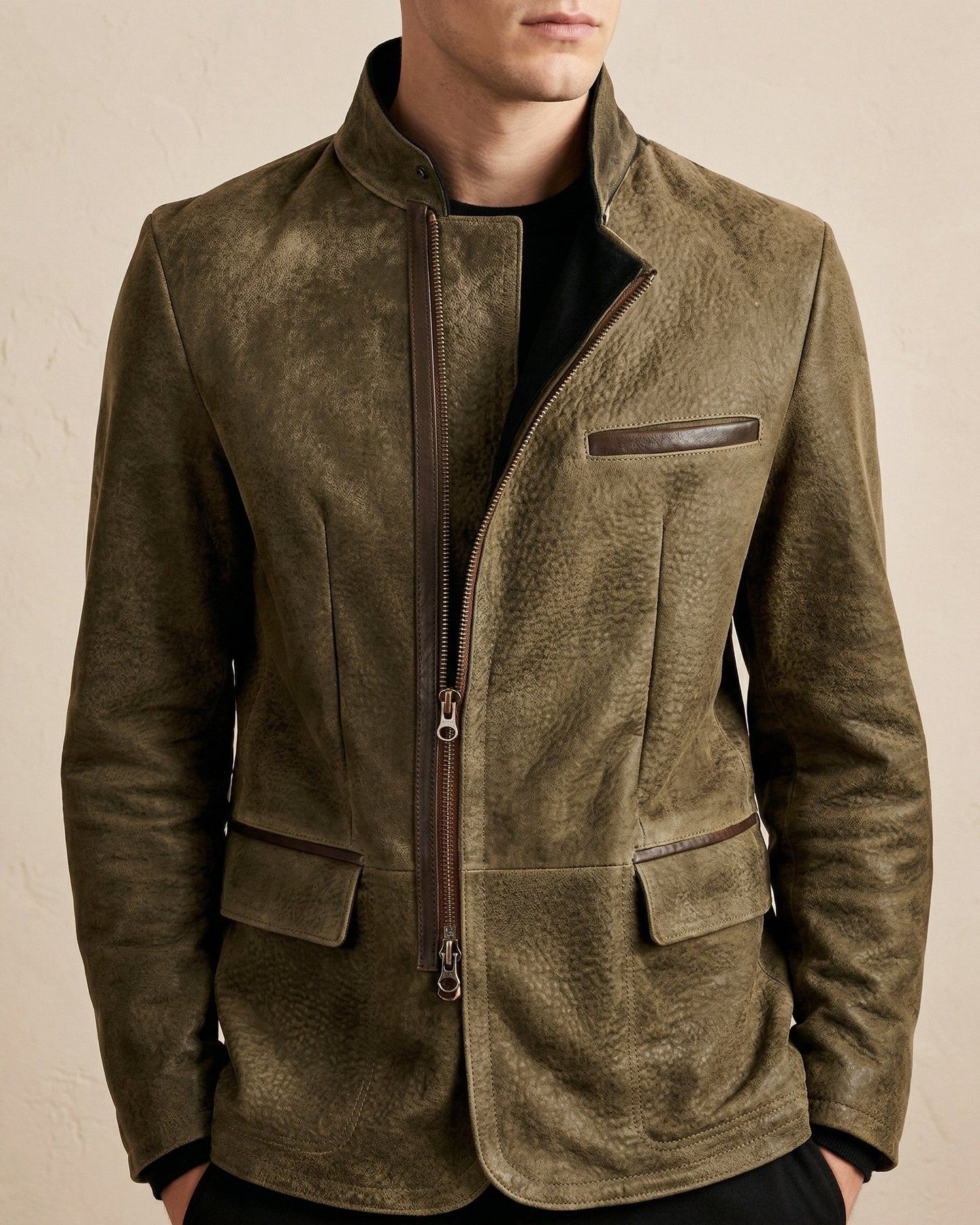 Men's Brushed Suede Asymmetric-Zip Jacket in Khaki – collar detail | Hensley London