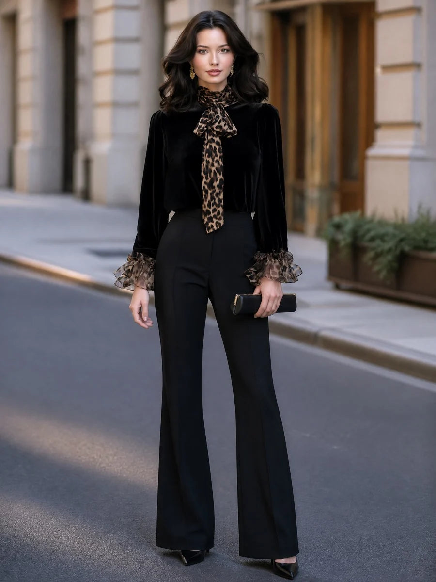 Women's Leopard Bow-Neck Velvet-Look Blouse in Black – Product view | Hensley London