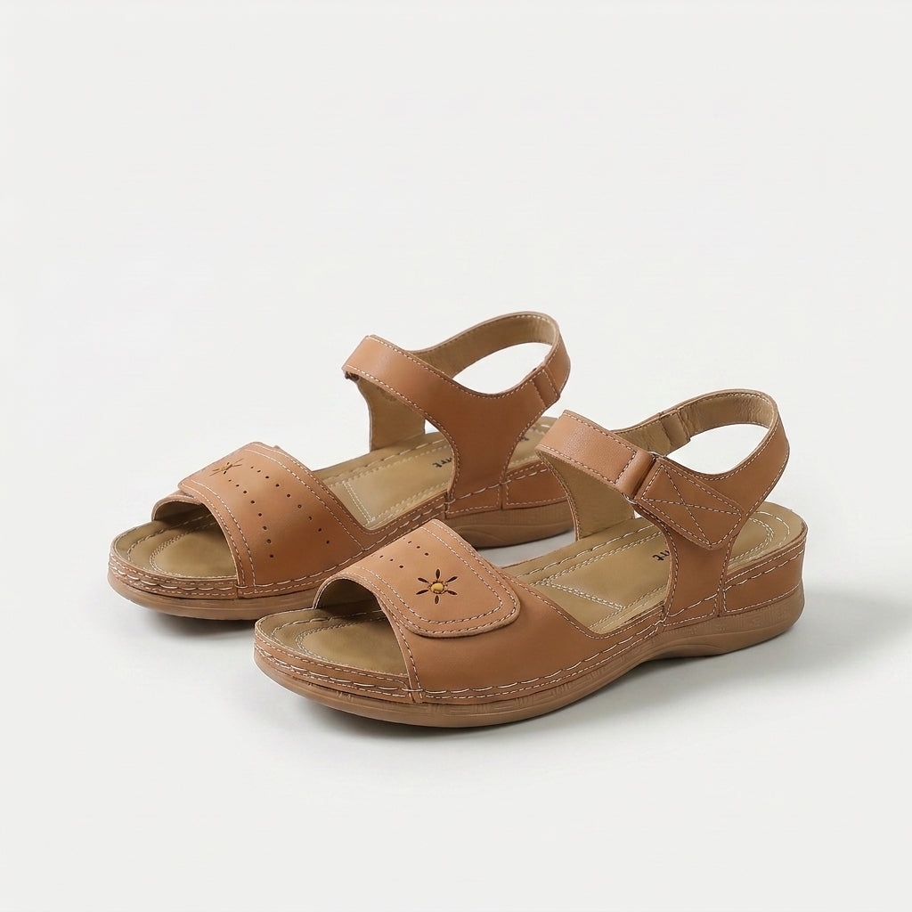 Women's Adjustable Strap Summer Sandals in Beige – heel view | Hensley London