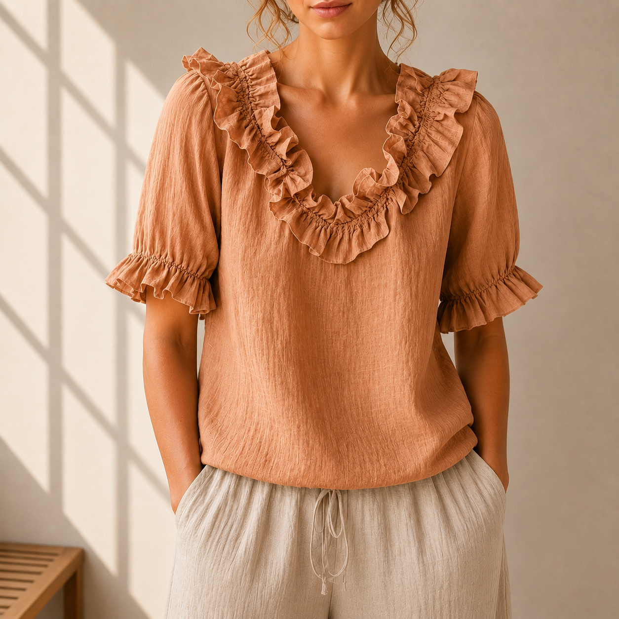 Women's Ruffle Neckline Blouse – product view | Hensley London