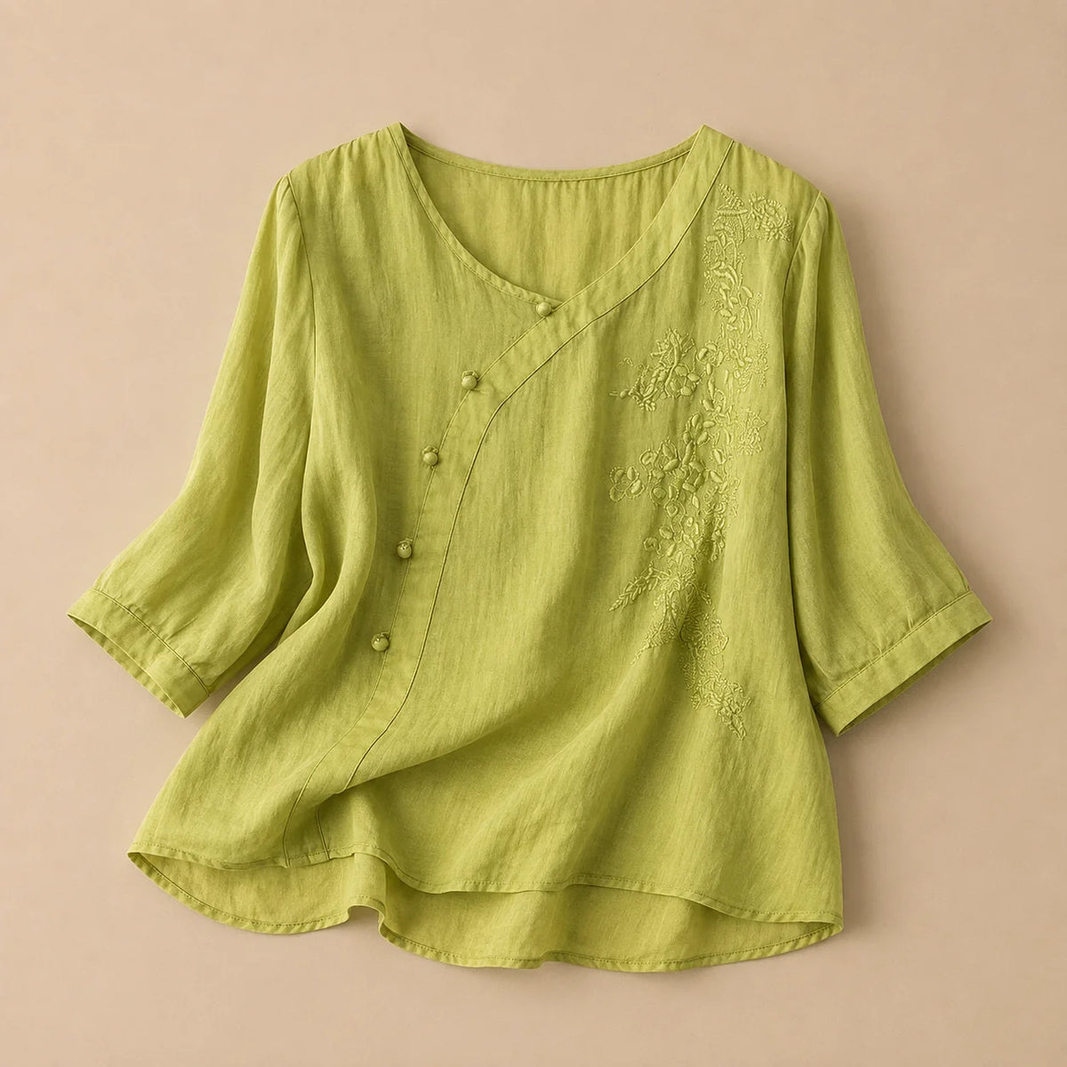 Women's Asymmetric Embroidered Blouse in Green – product view | Hensley London